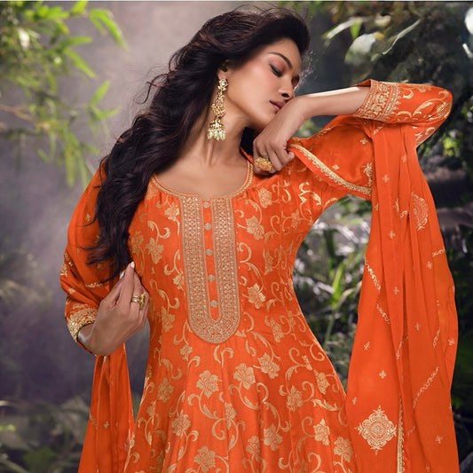 Saffron Grace – Pure Viscose Jacquard Silk Embroidered Suit