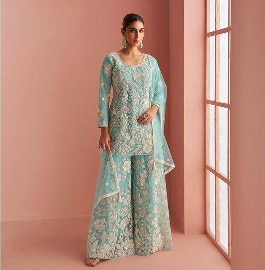 Ethereal Aqua - Embroidered Net Palazzo Suit