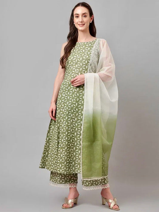 Festive Fern – Pure Cotton Embroidered Kurta & Palazzo Set