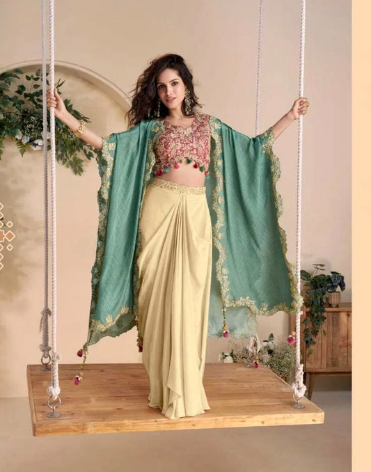 Timeless Charm - Embroidered Chinon Silk Indo-Western Co-ord Set with Cape & Drape Skirt