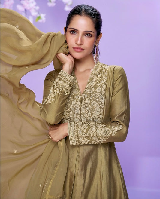 Golden Olive Elegance – Roman Silk Embroidered Anarkali Suit