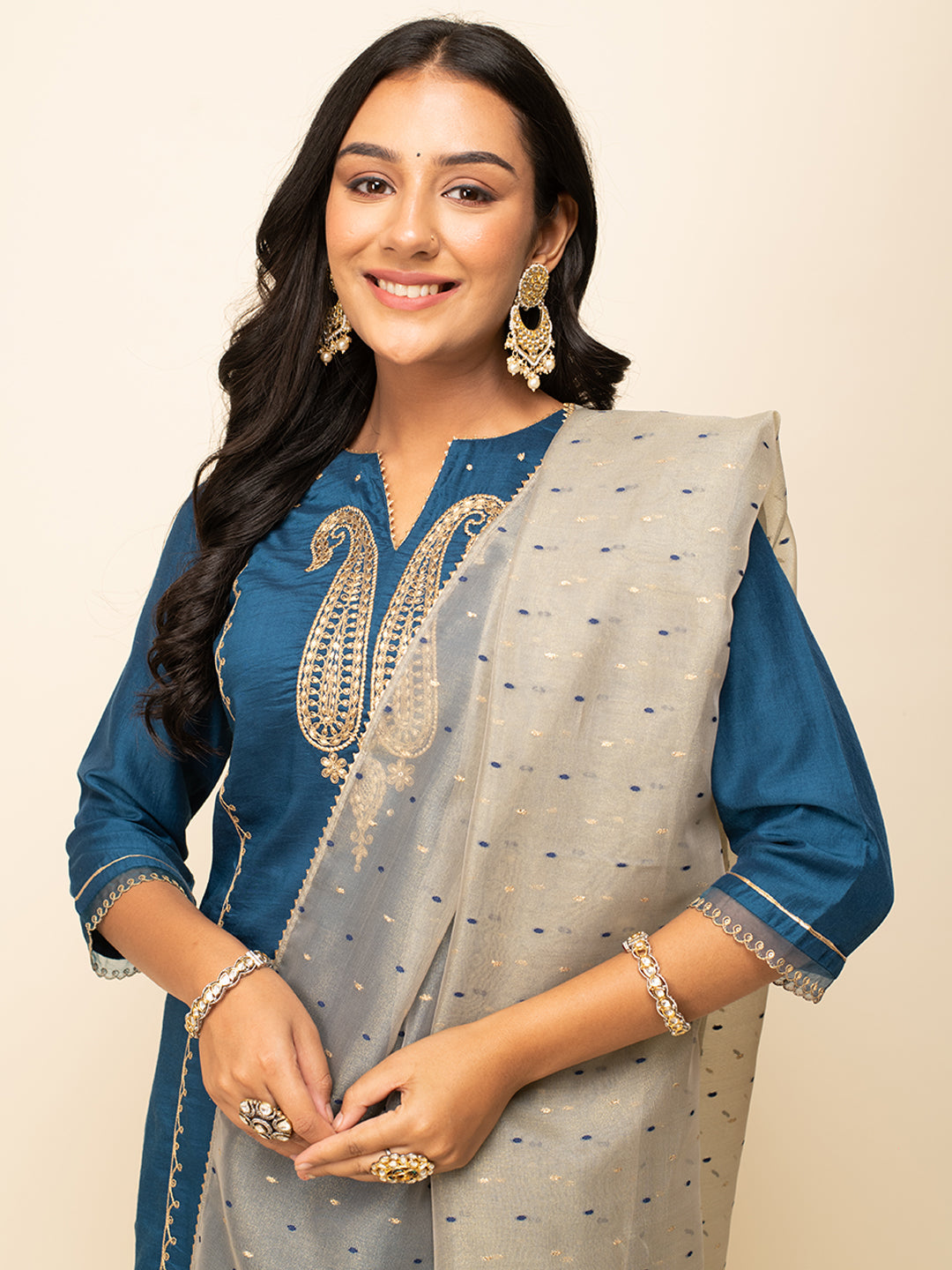 Regal Teal Zari – Embroidered Silk Blend Kurta Set with Palazzo & Organza Dupatta