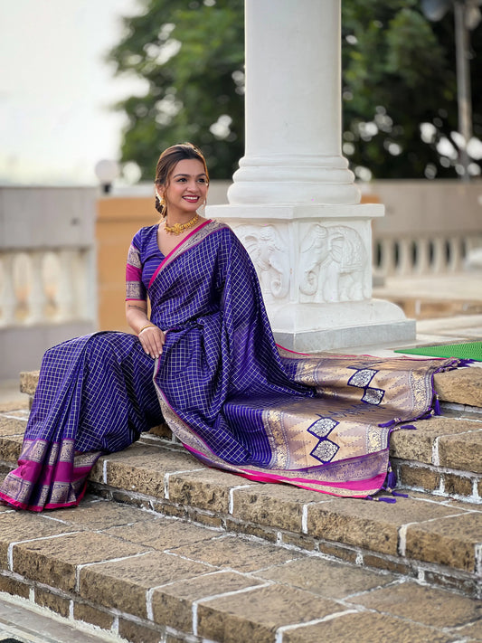 Vaanika - Luxe Soft Kanjivaram Saree with Chequered Zari and Regal Borders