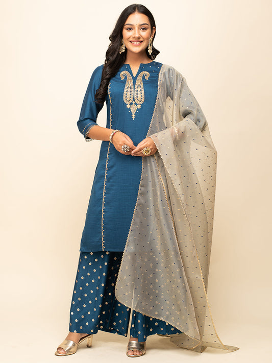 Regal Teal Zari – Embroidered Silk Blend Kurta Set with Palazzo & Organza Dupatta