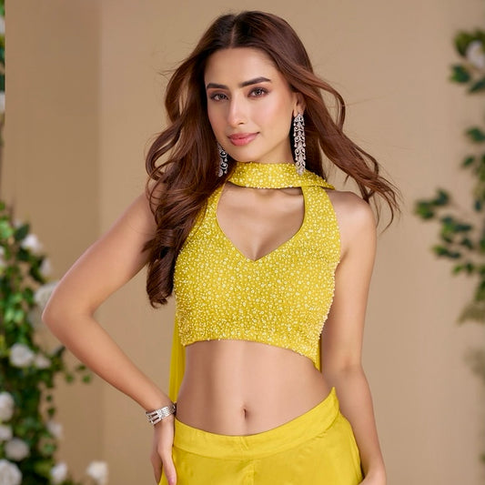Sunshine Elegance - Hand-Embroidered Yellow Chinon Silk Palazzo Set