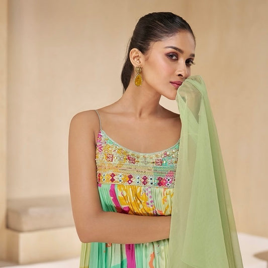 Mint Melody - Pastel Green Floral Pleated Suit