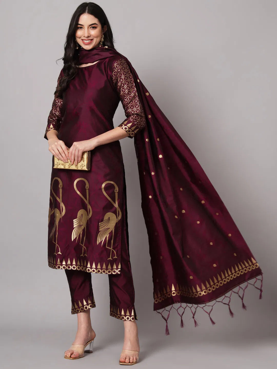 Zari Zest – Festive Silk Suit with Bird Motifs & Jacquard Sleeves
