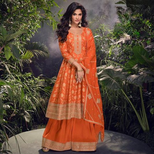 Saffron Grace – Pure Viscose Jacquard Silk Embroidered Suit