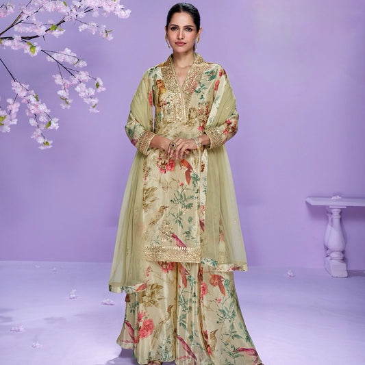 Golden Aura – Chinon Silk Floral Designer Suit