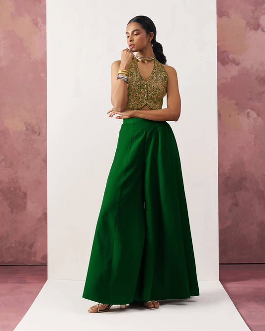 Regal Bloom - Brocade Halter Crop Top with Palazzo