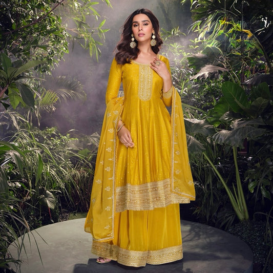 Mustard Muse - Pure Viscose Jacquard Silk Embroidered Suit
