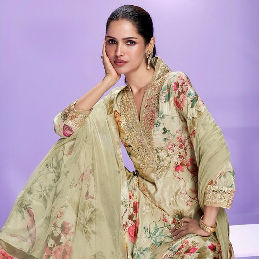 Golden Aura – Chinon Silk Floral Designer Suit