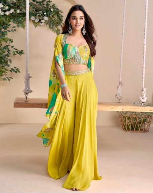 Sunshine Glamour - Yellow Chinon Silk Embroidered Cape Set with Palazzo