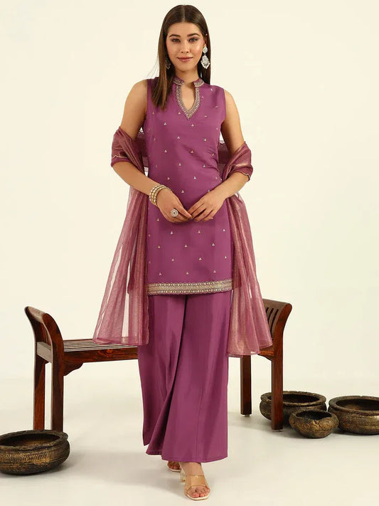 Lavender Luxe – Embroidered Chanderi Kurti Ensemble
