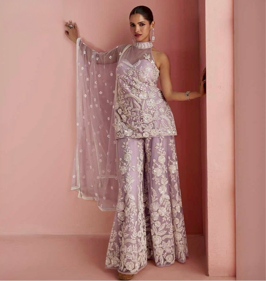 Ethereal Elegance – Lavender Net Embroidered Palazzo Suit ok