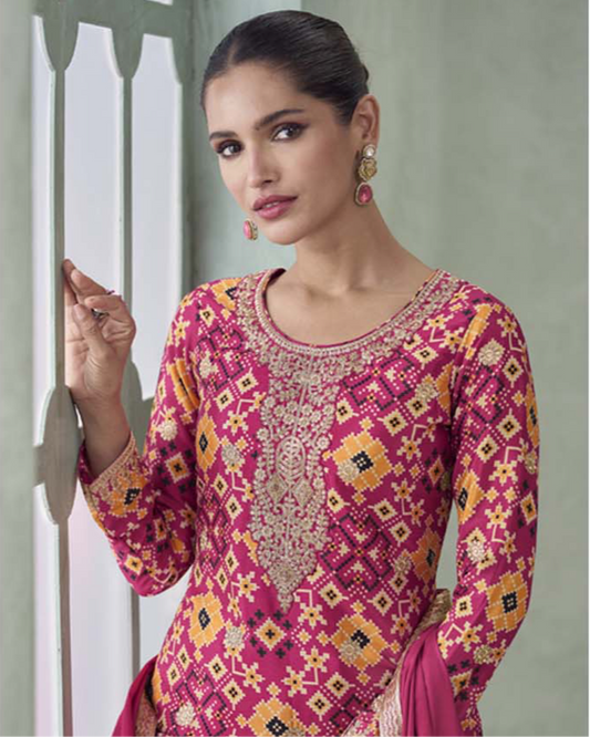 Fuchsia Finesse – Embroidered Chinon Silk Salwar Suit