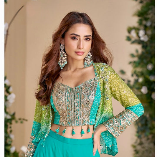 Vibrant Allure - Turquoise Green Hand Embroidered Chinon Silk Palazzo Set with Jacket