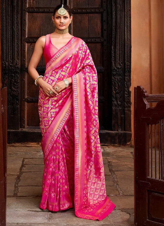 Gulab Gaze - Fuchsia Pink Banarasi Soft Silk Saree with Gold Zari Weaving