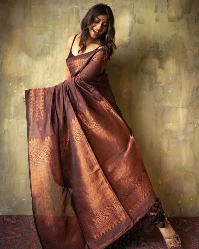 Bhoomi Zari - Handwoven Soft Silk in Copper and Clay