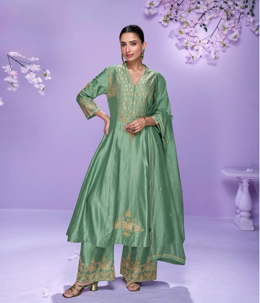 Jade Whisper Elegance – Roman Silk Embroidered Anarkali Suit