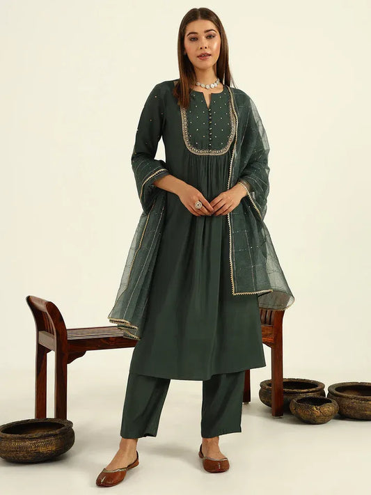 Emerald Elegance – Chanderi Kurti Ensemble