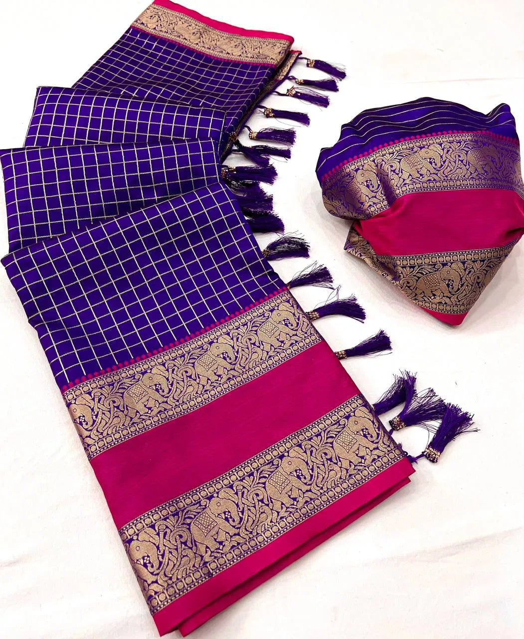 Vaanika - Luxe Soft Kanjivaram Saree with Chequered Zari and Regal Borders