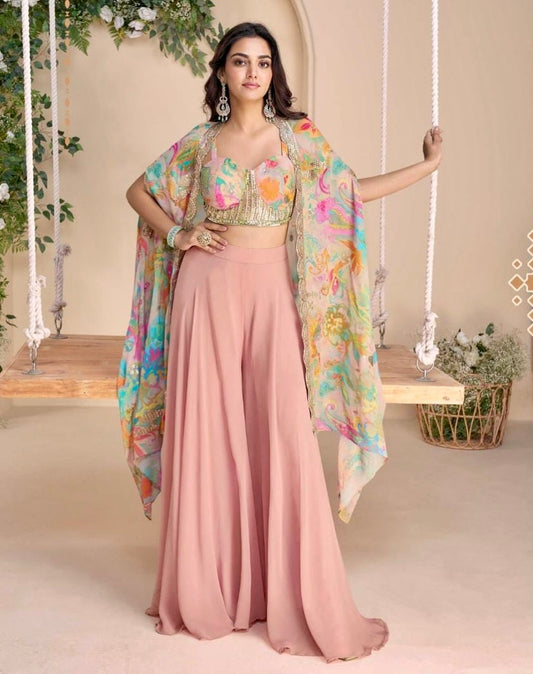Effortless Elegance - Chinon Silk Indo-Western Cape Set with Embroidered Blouse & Palazzo