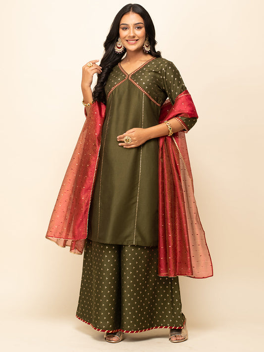 Radiant Olive Charm – Silk Blend Kurta Set with Palazzo & Crimson Organza Dupatta