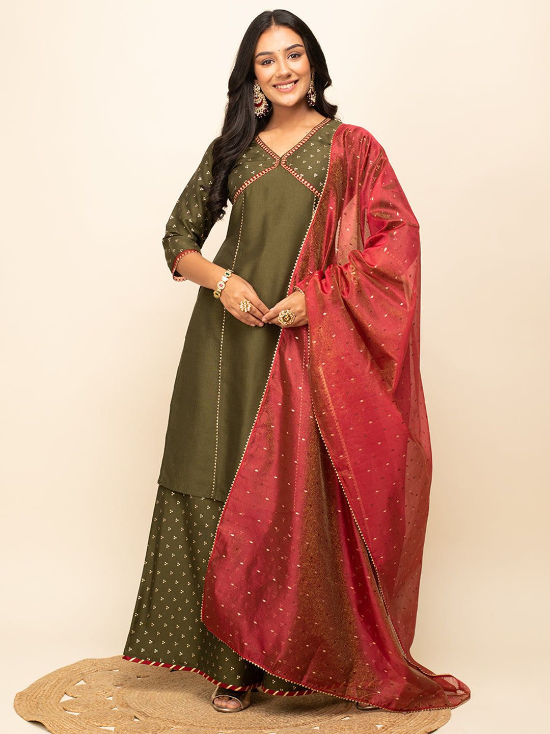 Radiant Olive Charm – Silk Blend Kurta Set with Palazzo & Crimson Organza Dupatta