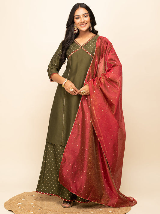 Radiant Olive Charm – Silk Blend Kurta Set with Palazzo & Crimson Organza Dupatta