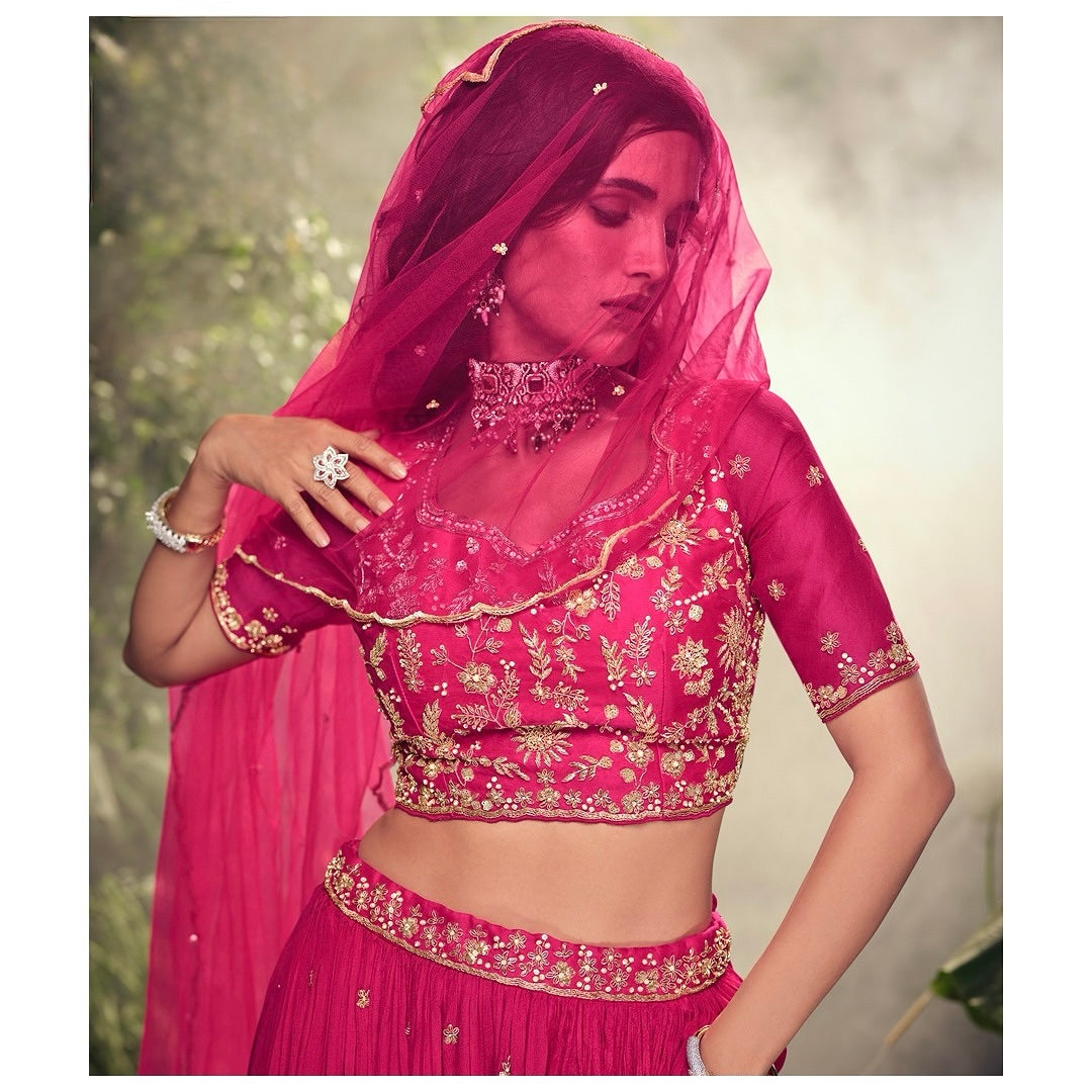 Fuchsia Bloom – Chinon Silk Embroidered Lehenga