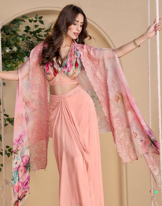 Graceful Bloom - Pink Chinon Silk Indo-Western Co-ord Set with Cape & Drape Skirt
