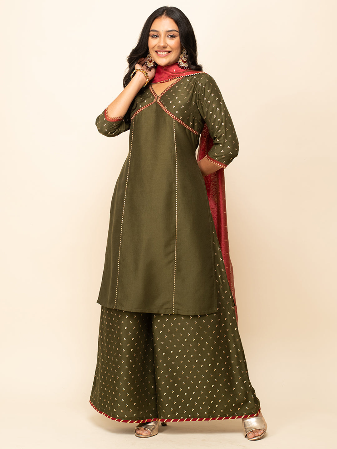 Radiant Olive Charm – Silk Blend Kurta Set with Palazzo & Crimson Organza Dupatta