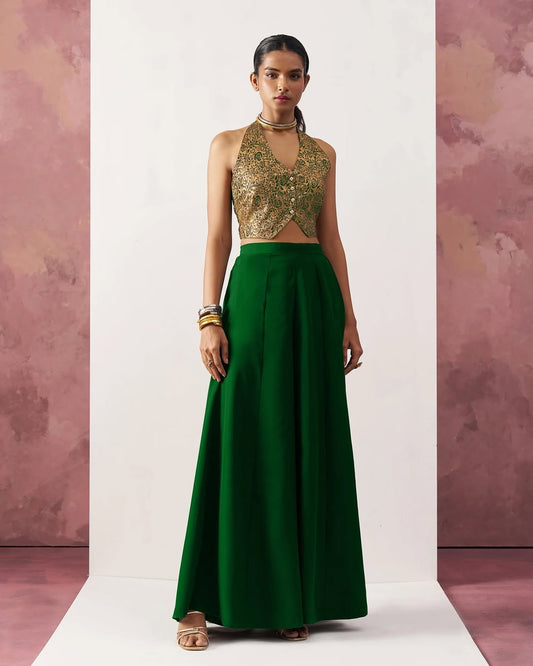Regal Bloom - Brocade Halter Crop Top with Palazzo