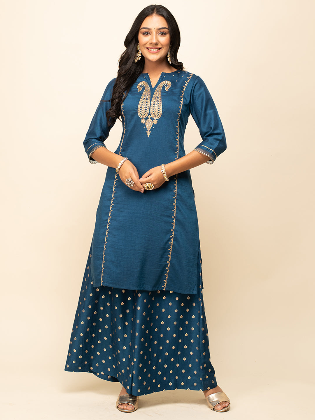 Regal Teal Zari – Embroidered Silk Blend Kurta Set with Palazzo & Organza Dupatta