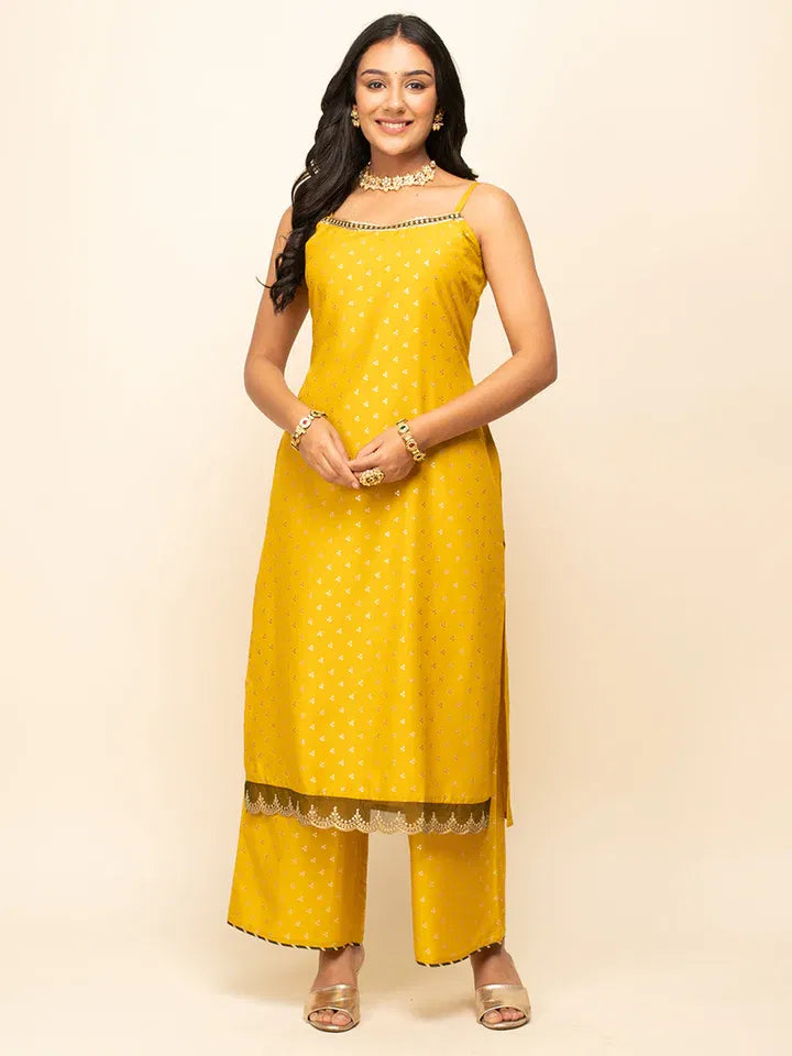 Zest & Zari - Mustard Muslin Suit with Gota Lace and Contrast Dupatta