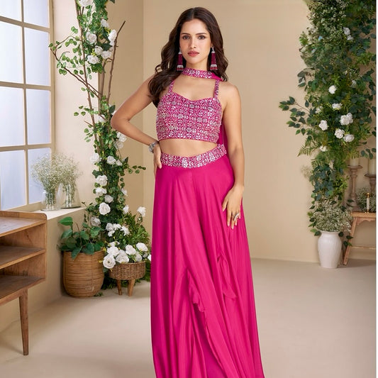 Glam Radiance - Fuchsia Pink Embroidered Chinon Silk Palazzo Set