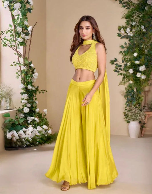 Sunshine Elegance - Hand-Embroidered Yellow Chinon Silk Palazzo Set