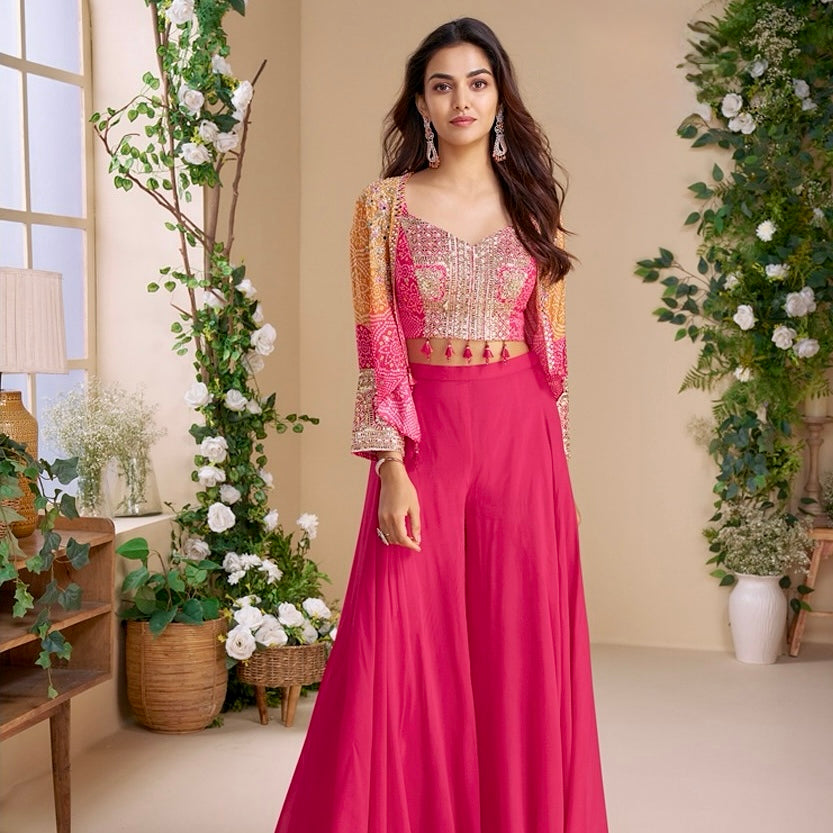 Radiant Elegance - Chinon Silk & Georgette Indo-Western Palazzo Set