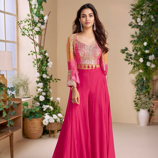Radiant Elegance - Chinon Silk & Georgette Indo-Western Palazzo Set