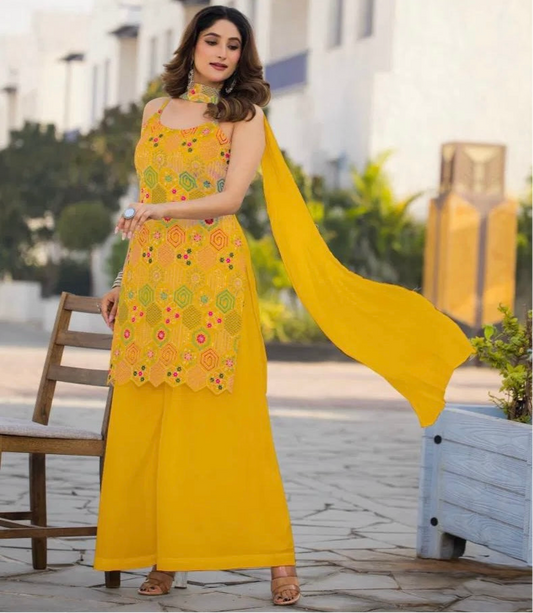 Opulent Ensemble - Embroidered Chinon Silk Suit