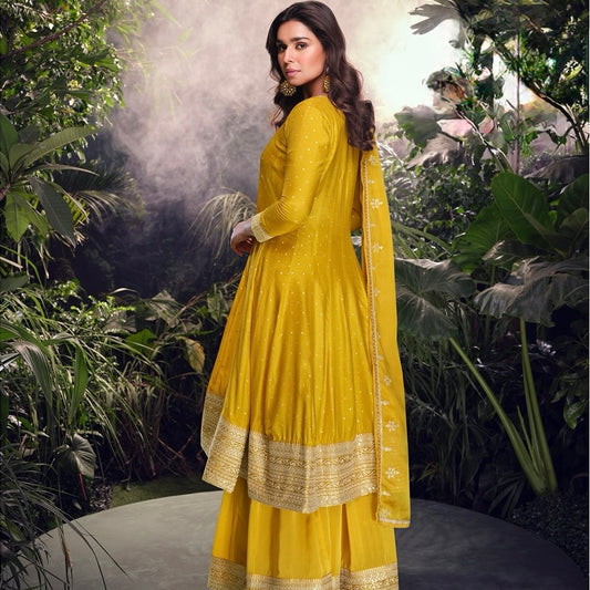 Mustard Muse - Pure Viscose Jacquard Silk Embroidered Suit