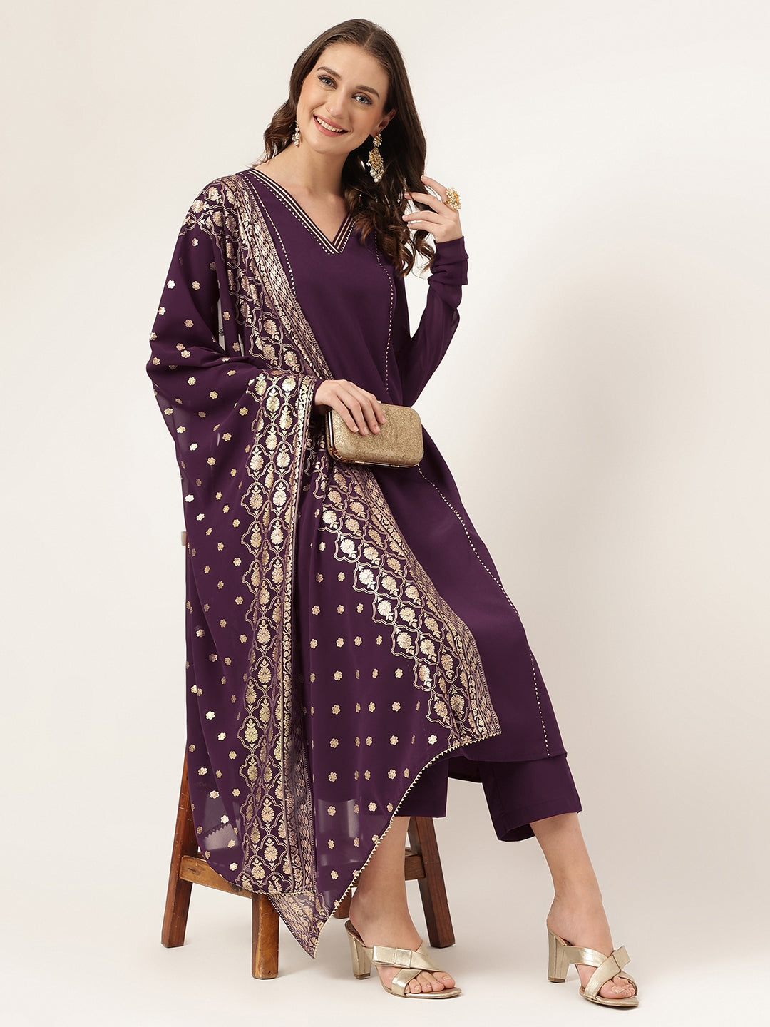 Plum Elegance – Purple Kurta Set with Foil Print Dupatta