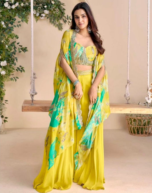 Sunshine Glamour - Yellow Chinon Silk Embroidered Cape Set with Palazzo