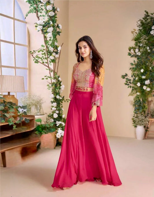 Radiant Elegance - Chinon Silk & Georgette Indo-Western Palazzo Set
