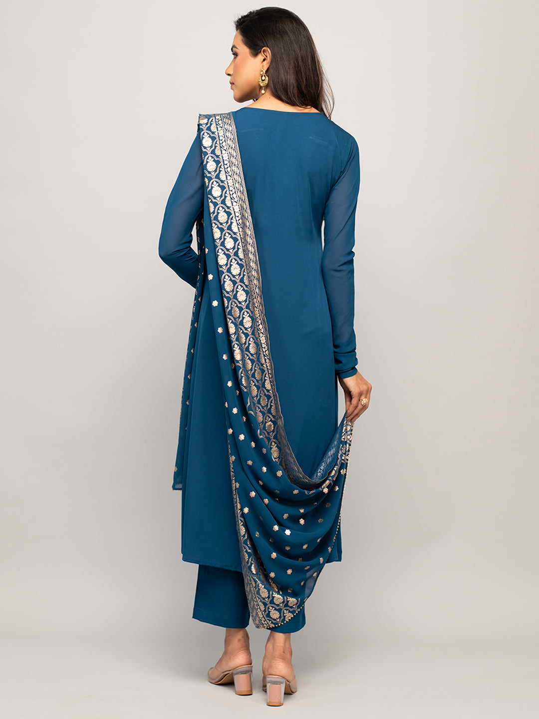 Teal Elegance - Blue Crepe Kurta Set with Jacquard Dupatta