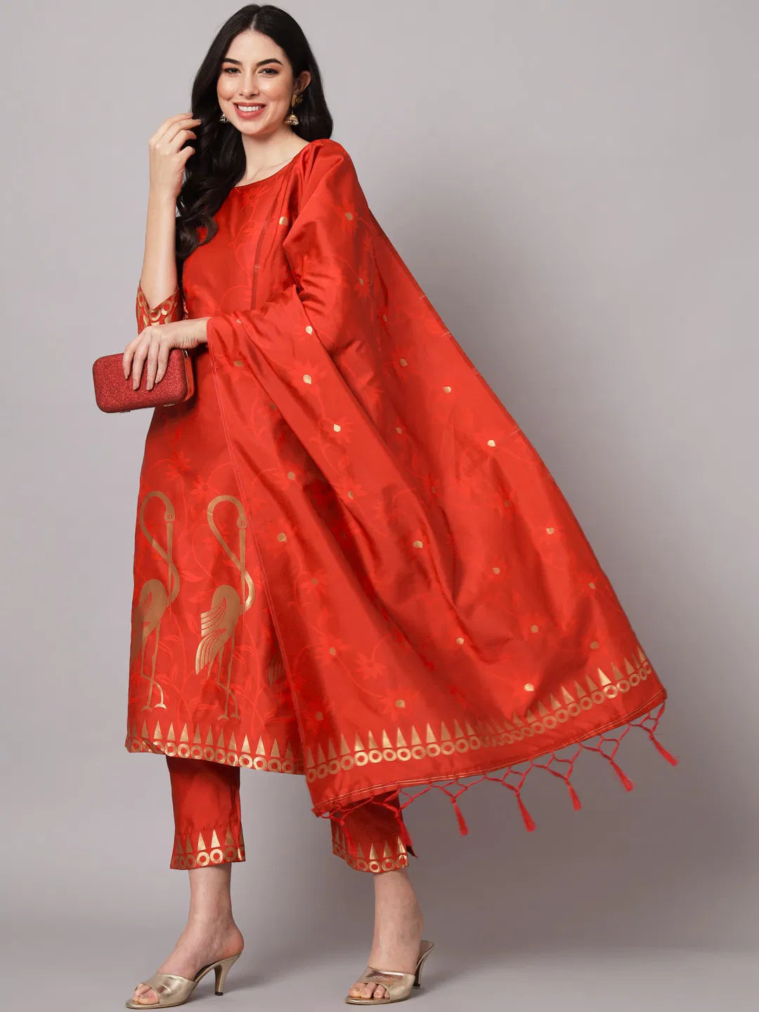 Zari Zest – Festive Silk Suit with Bird Motifs & Jacquard Sleeves