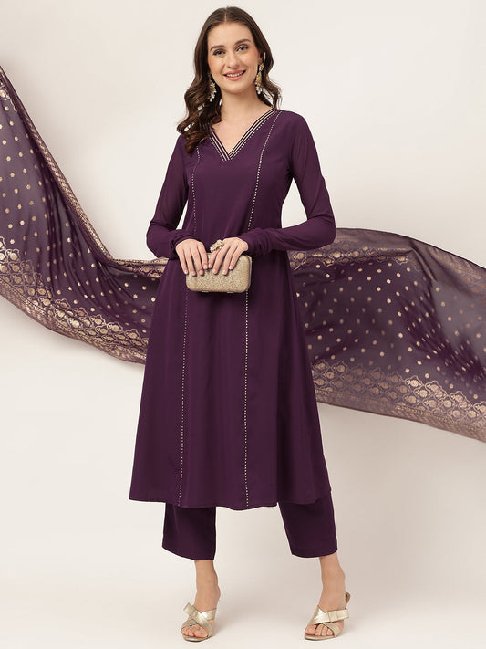 Plum Elegance – Purple Kurta Set with Foil Print Dupatta