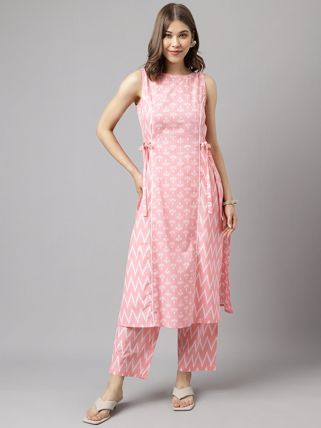 Blush Ikat – Sleeveless Baby Pink Cotton Kurta Set