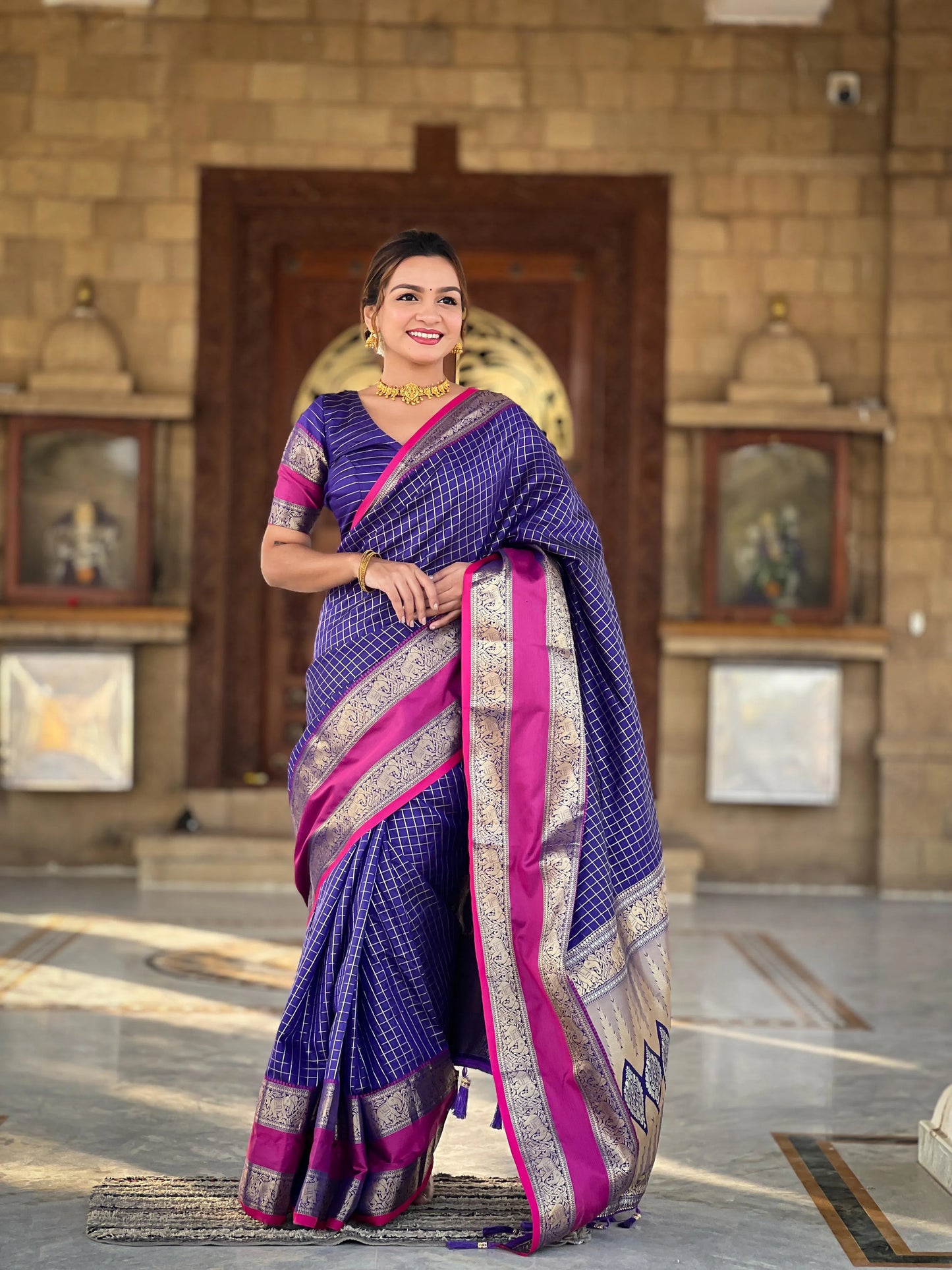 Vaanika - Luxe Soft Kanjivaram Saree with Chequered Zari and Regal Borders
